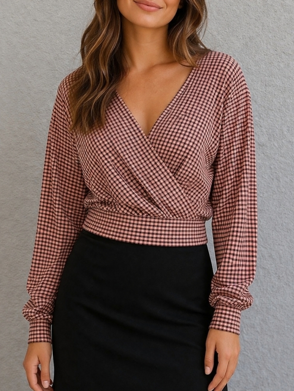 VTG H&M DIVIDED Tattersall Cropped Surplice Blouson Long Sleeve Blouse